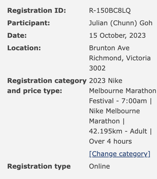 Screenshot snippet of 2023 Melbourne Marathon email confirmation